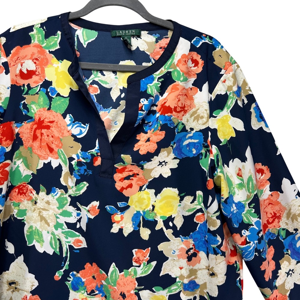 Lauren‎ Ralph Lauren Blouse Top Womens XL Navy Blue Floral Preppy Classic
